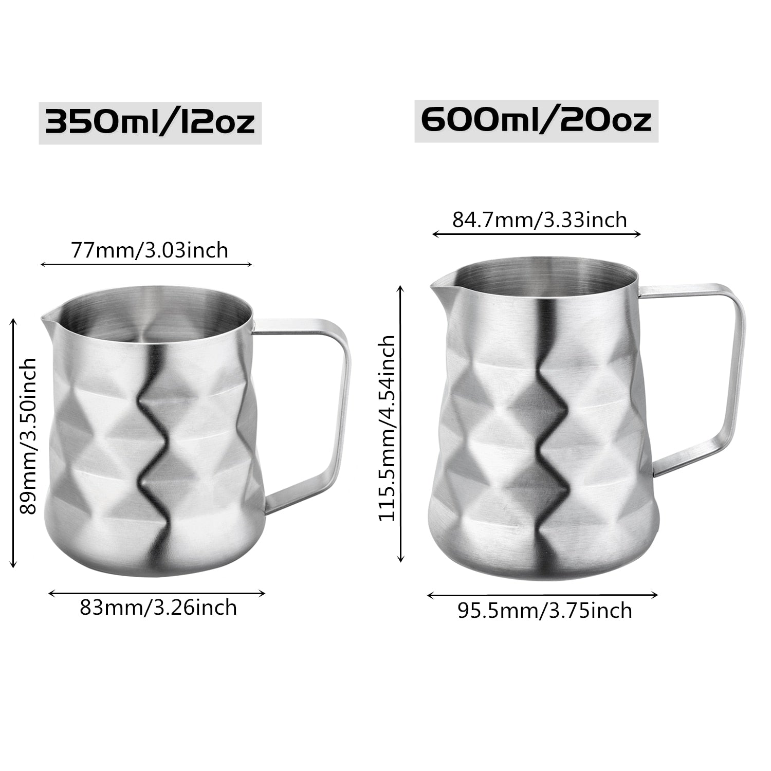 Stainless Steel Prism Design Frothing Pitcher Measurements Available In 12oz And 20oz Sizes