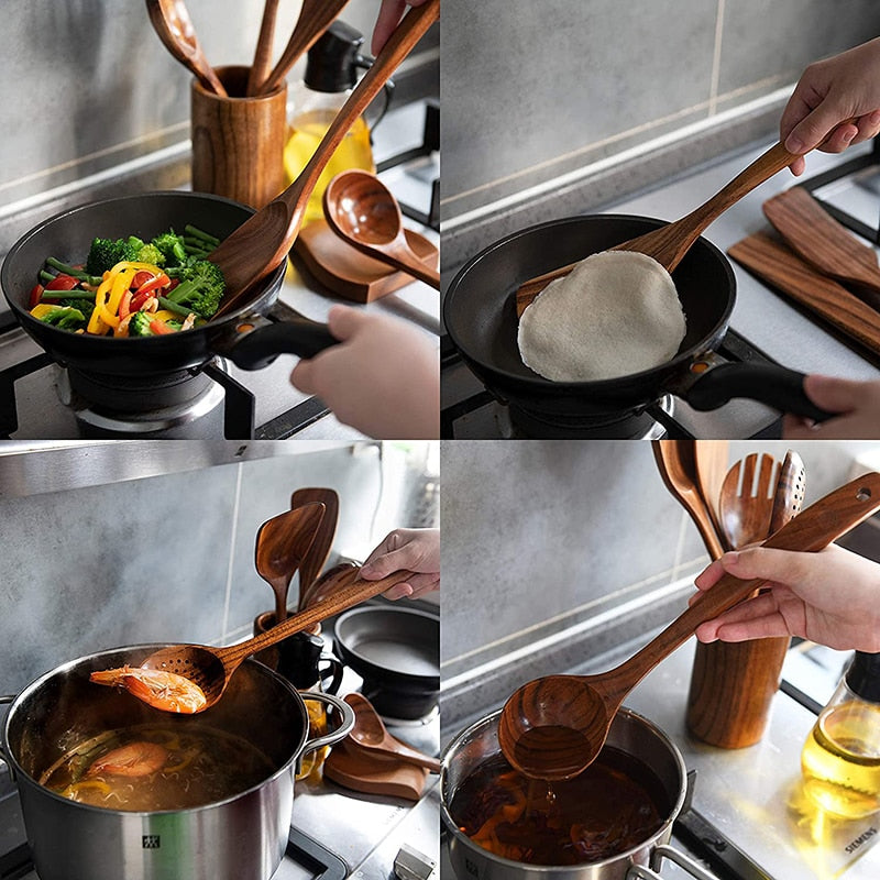 Zulay Kitchen 9-Piece Teak Wooden Utensils for Cooking - Brown