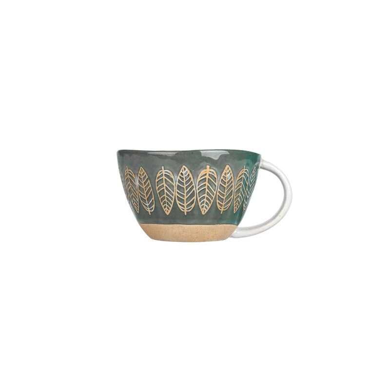 Arbor Leaf Pattern Farmhouse Style Irregular Shaped Ceramic Mug With Exposed Base