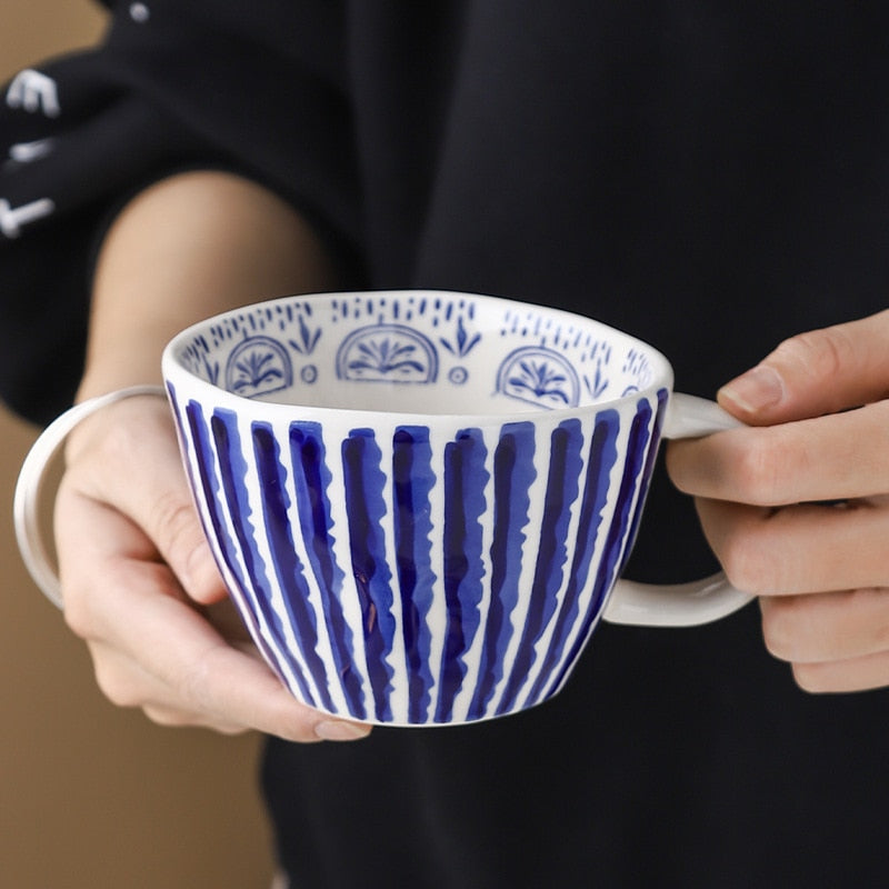 Holding Irregular Shape Artistic Style Blue Plantation Print Mug
