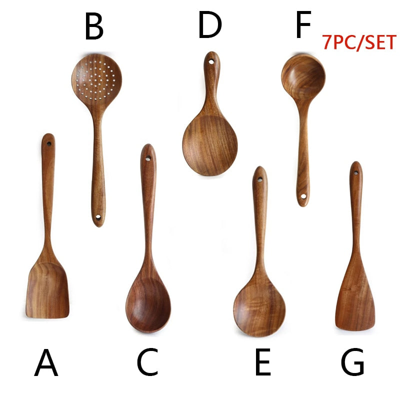 7 Piece Set Of Teak Wood Kitchen Tools And Cooking Utensils