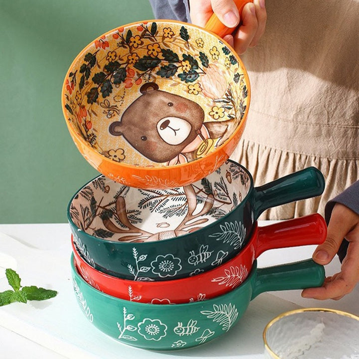 Holding Stackable Oven To Table Bowls With Handle Cute Nordic Forest Friends Patterns