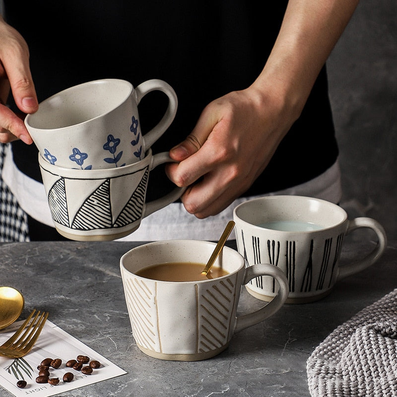 Person Holding Craft Style Irregular Shaped Ceramic Mugs And Making Coffee Tea Hot Beverages