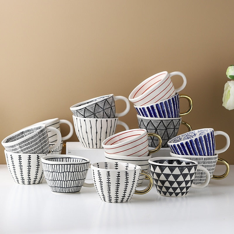 Multi Styles Available Ceramic And Gold Handle Mugs Artistic Style Patterned Irregular Shaped Ceramic Pottery Mugs