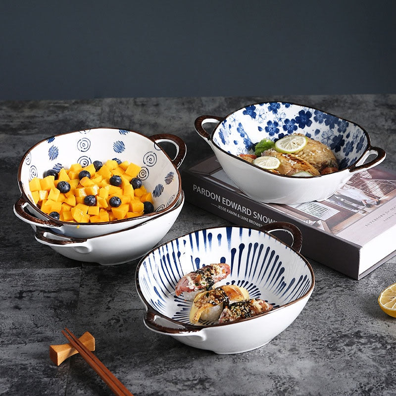 Blue And White Dinnerware New England Style Bowls With Handles Farmhouse Design Purposefully Irregular Shape Dishes