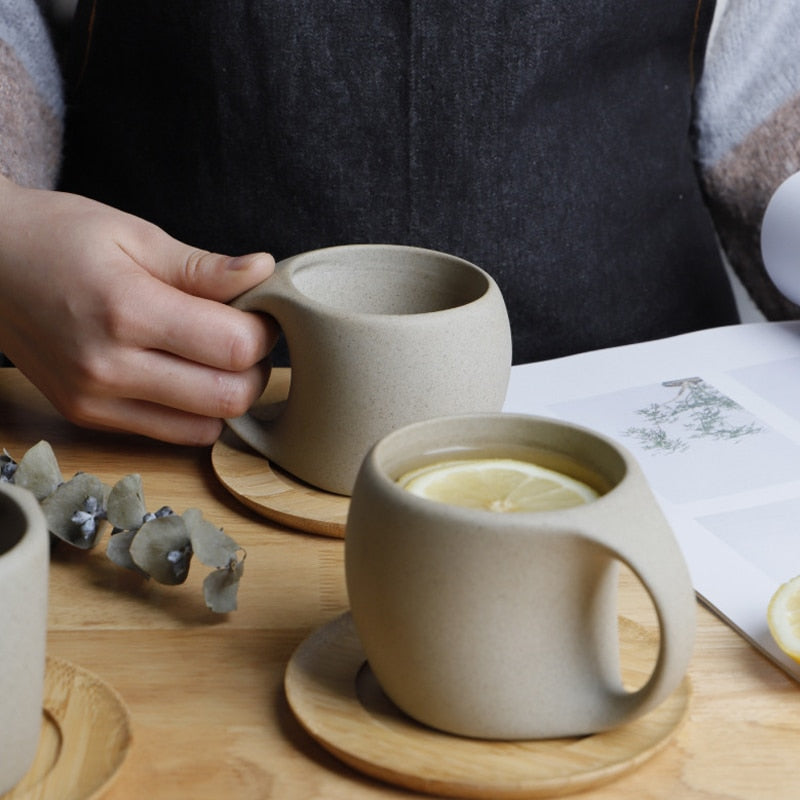 Modern Organic Style Ceramic Mugs With Wooden Coasters