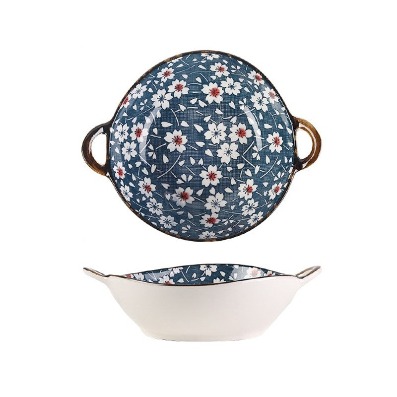 Farmhouse Decorative Bowl Irregular Shaped Ceramic Dish With Handles Oriental Style Sakura