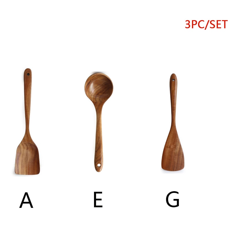 3 Piece Set Of Teak Wood Kitchen Tools And Cooking Utensils