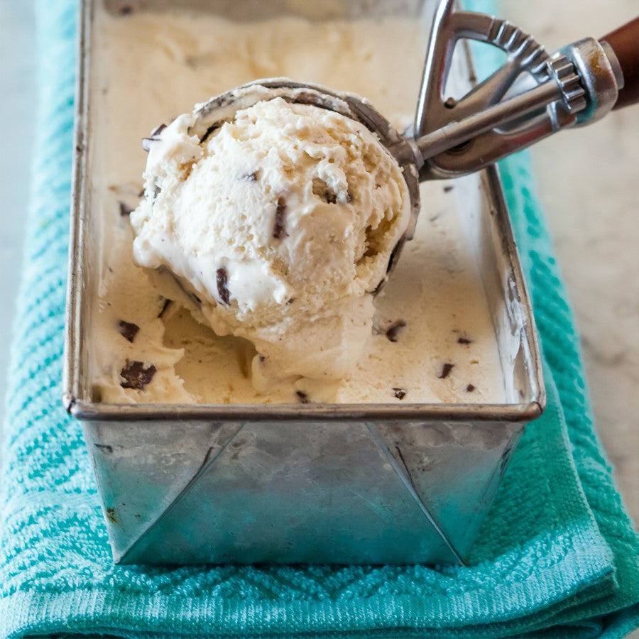Scooping Homemade Real Vanilla Chocolate Chip Ice Cream