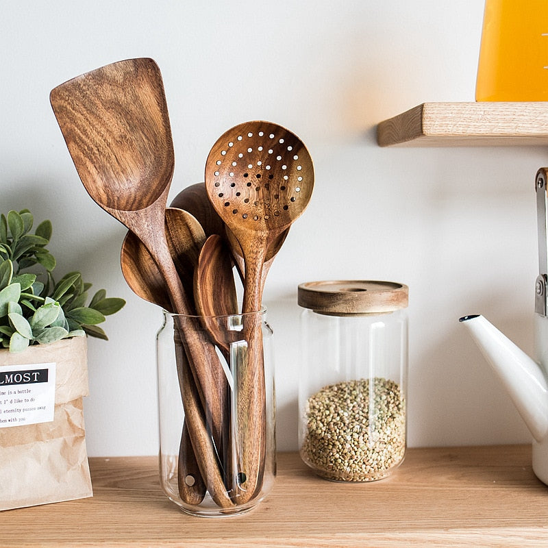 Beautiful Cooking Utensils Real Teak Wood Kitchen Tools On Stylish Kitchen Counter