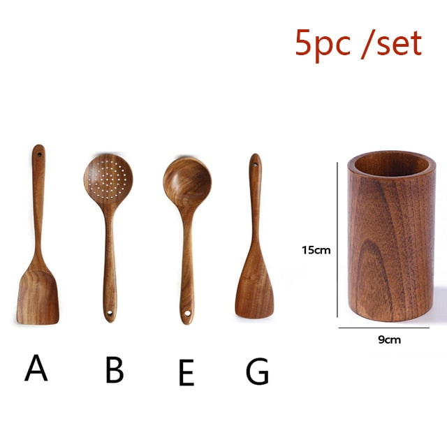 5 Piece Set Of Teak Wood Kitchen Tools And Cooking Utensils