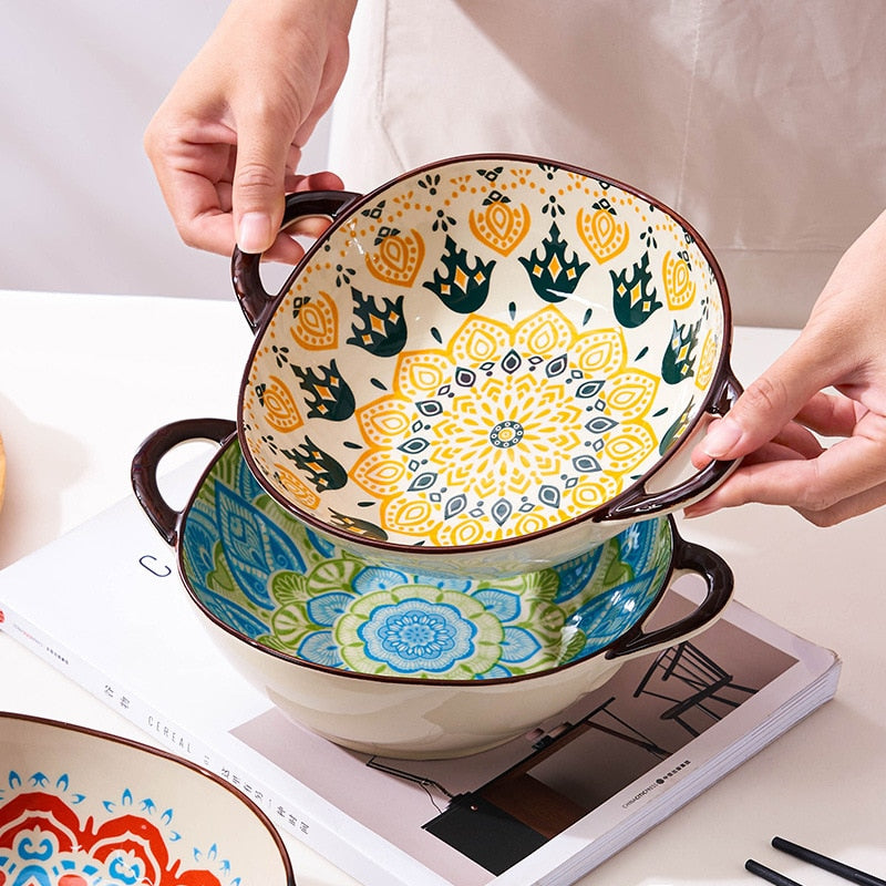 Holding Purposefully Irregular Shape Bowls In Colorful Farmhouse Boho Style Prints