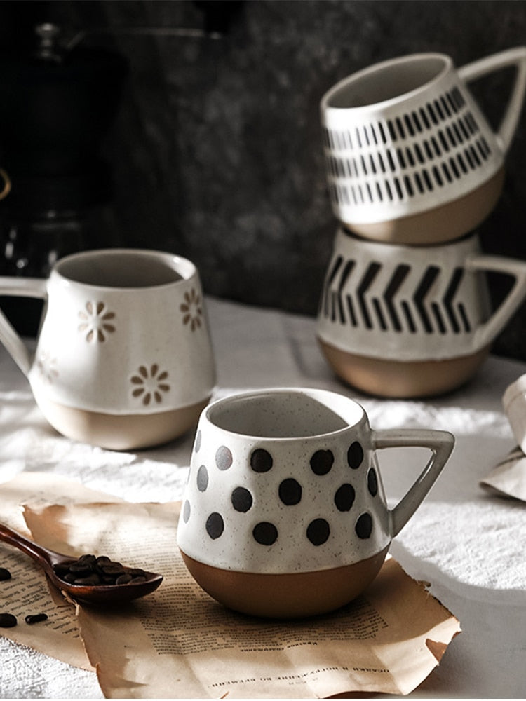 Polka Dot Circles Flowers Direction Arrows And Lines Are Unique Hand Painted Designs On Ceramic Nordic Style Mugs With Triangular Shape Handles