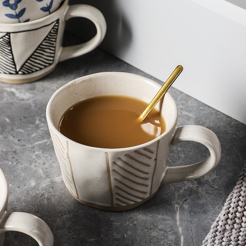 Modern Farmhouse Pottery Hatch Pattern Nordic Craft Style Mug Coffee Cup