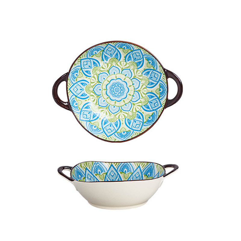 Farmhouse Boho Style Purposefully Irregular Shape Ceramic Pottery Bowl With Handles Seaside Pattern