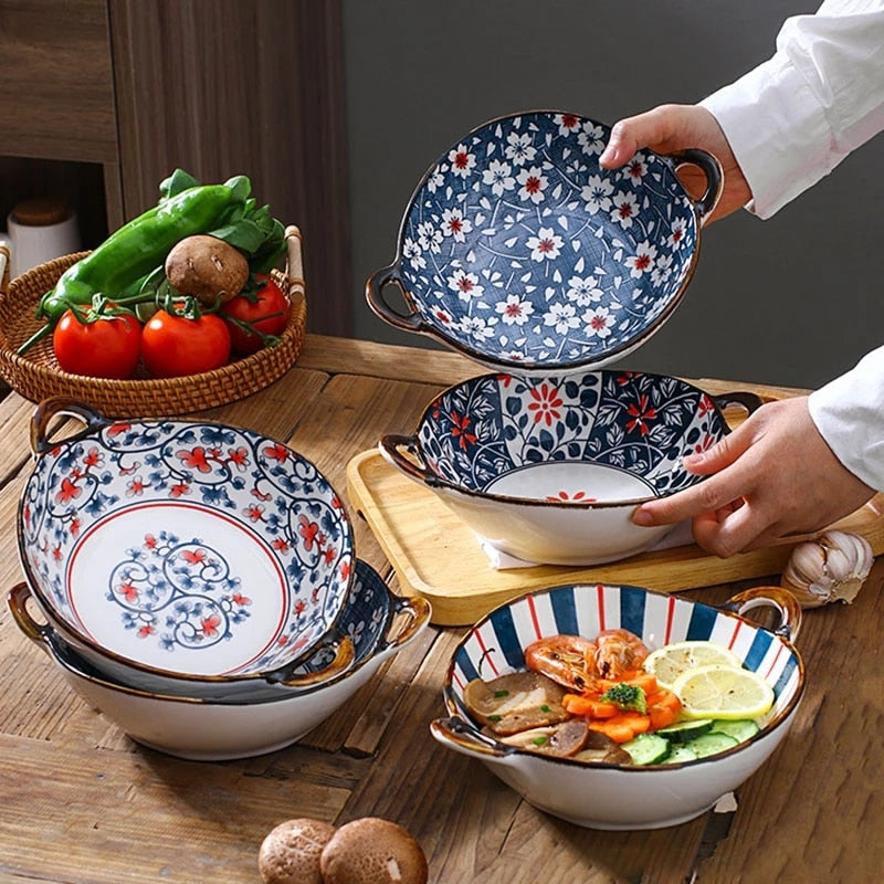 Serving Delicious Meals In Farmhouse Style Bowls With Handles Oriental Floral Pattern Dinnerware