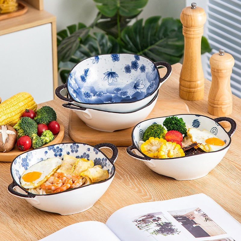 Serving Dinner In New England Style Farmhouse Bowls Irregular Shape Blue And White Dishes With Handles