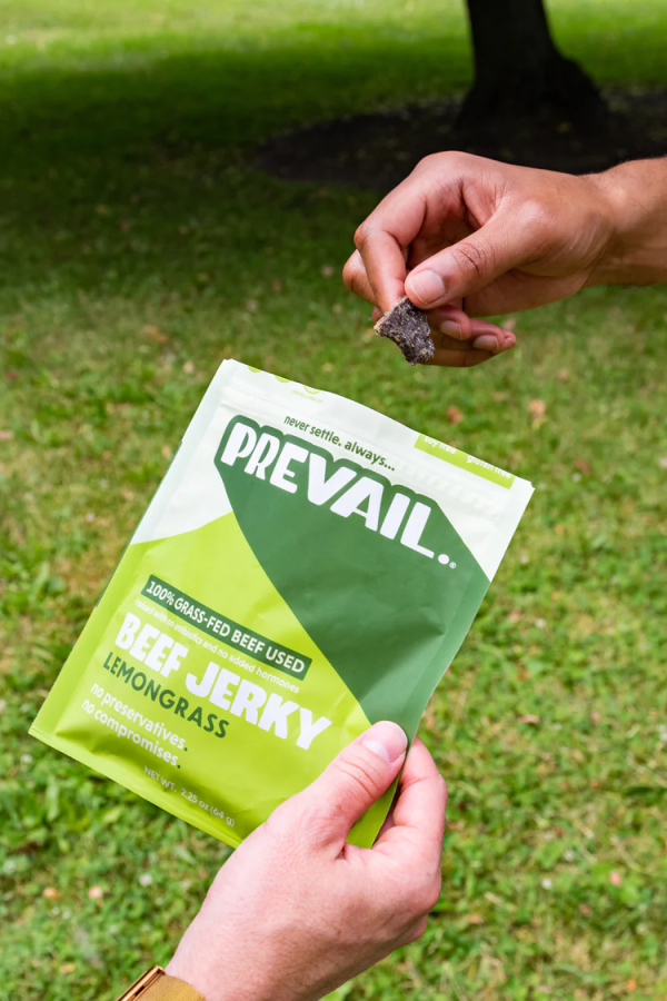 Sharing A Bag Of Grass Fed Beef Jerky Snack Outdoors Prevail Lemongrass Flavor With Matcha