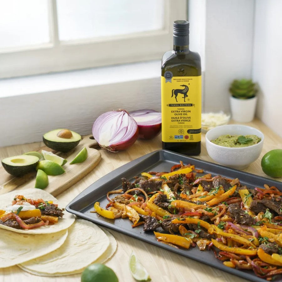 Easy Mexican Food Recipe Using Terra Delyssa Extra Virgin Olive Oil For Sheet Pan Steak Fajitas