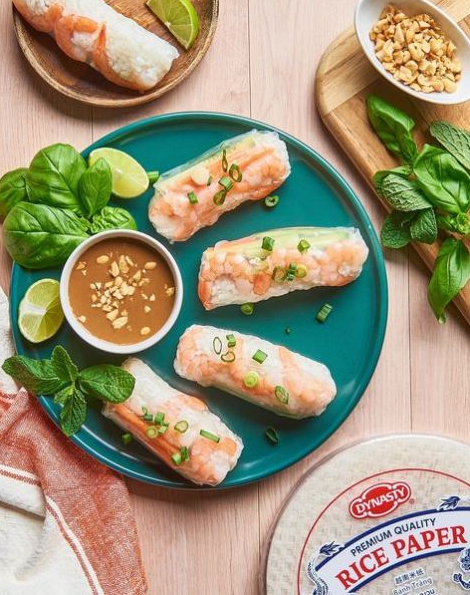Dynasty Shrimp And Fresh Herb Filled Rice Paper Summer Rolls With Peanut Dipping Sauce