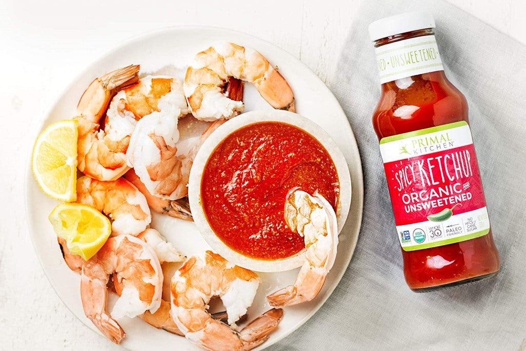 Fresh Lemon Wedges And Shrimp With Organic Spicy Ketchup Cocktail Sauce From Primal Kitchen