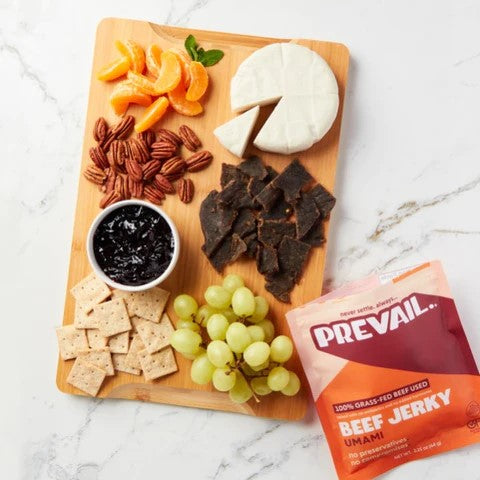 Snack Board With Fresh Fruit Nuts Cheese Crackers And Umami Flavor Prevail Beef Jerky Meat