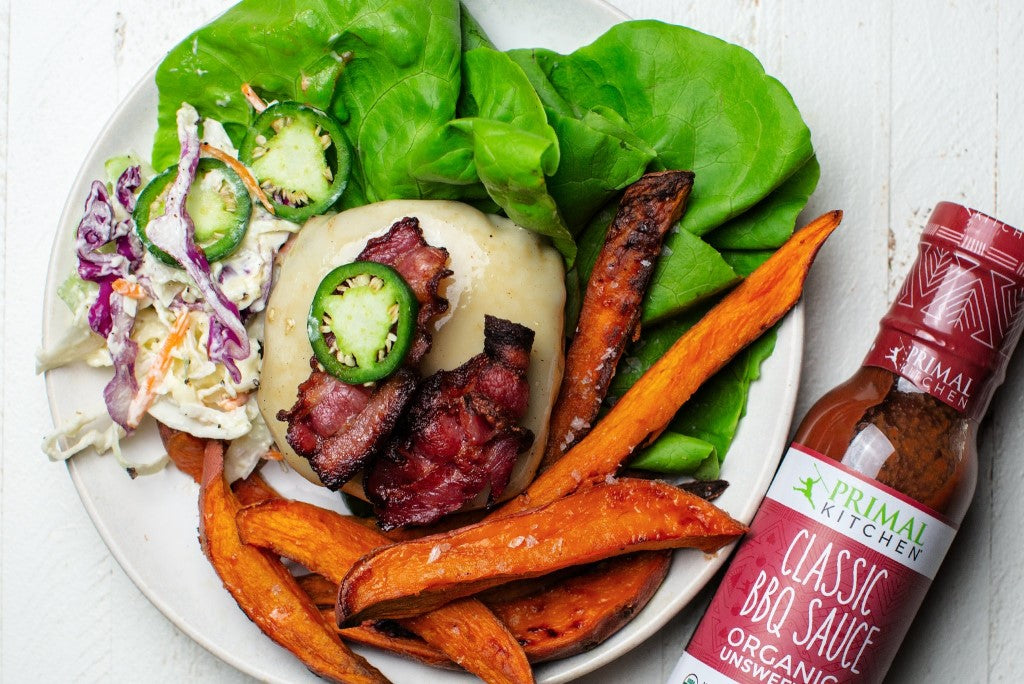 Spicy BBQ Burger With Classic Primal Kitchen BBQ Sauce And Sweet Potato Fries