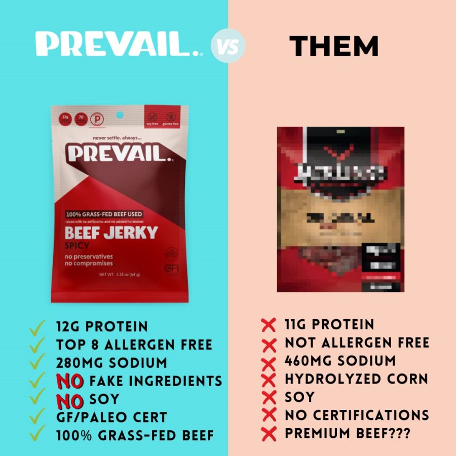 Healthy Allergen Friendly Clean Ingredient Prevail Spicy Beef Jerky VS Other Brand