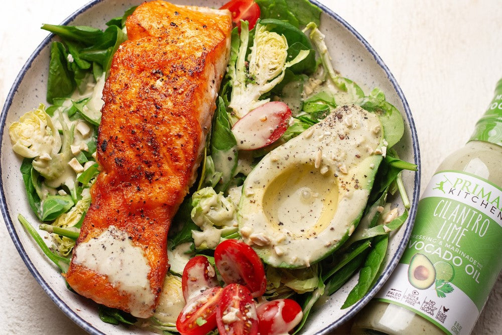 Spinach Salmon Salad With Cilantro Lime Dressing Made With Avocado Oil Primal Kitchen Recipe