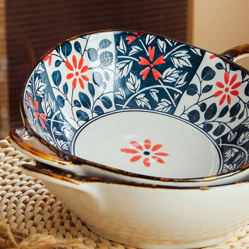 Stackable Dinnerware Ceramic Bowls In Farmhouse Oriental Style With Handles