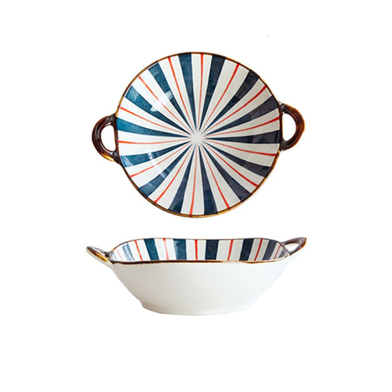 Farmhouse Boho Style Purposefully Irregular Shape Ceramic Pottery Bowl With Handles Sunbrella Pattern