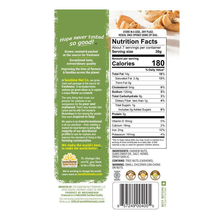 7 Ounce Sunshine Nut Company Handful Of Herbs Whole Roasted Cashews Nutrition Facts And Ingredients