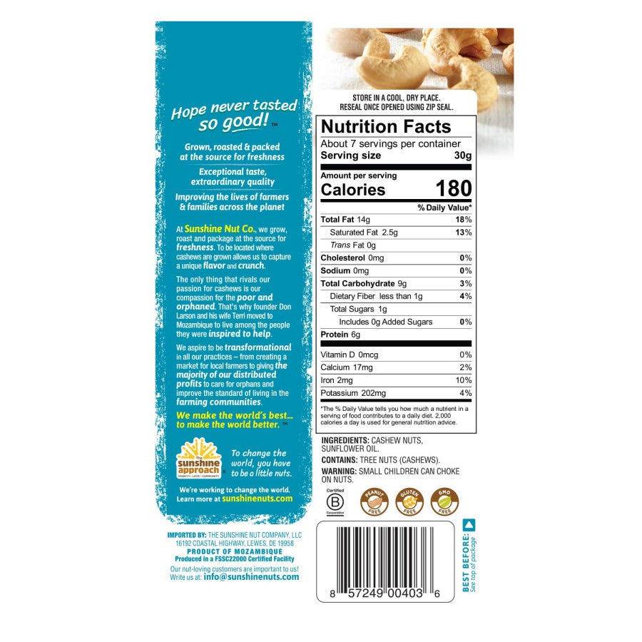 7 Ounce Sunshine Nut Company Perfectly Plain Whole Roasted Cashews Nutrition Facts And Ingredients