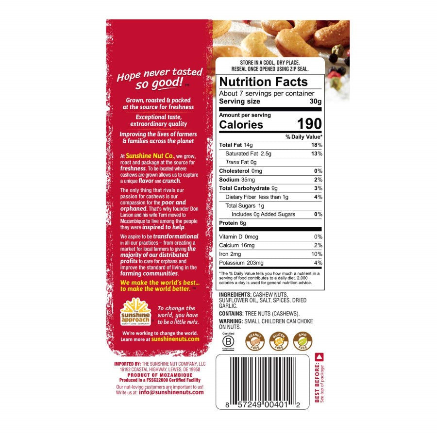 7 Ounce Sunshine Nut Company Spark Of Spices Whole Roasted Cashews Nutrition Facts And Ingredients