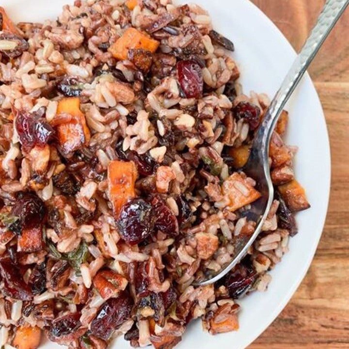 Sweet Potato Rice Pilaf Recipe Made With Non-GMO Nature's Blend Brown Red Purple Rice Combo From Ralston Family Farms