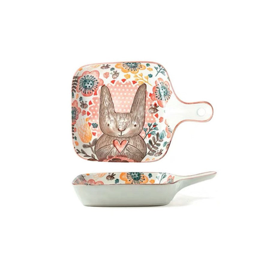 Adorable Nordic Forest Friends Sweetheart Rabbit Ceramic Square Baking Pan With Handle