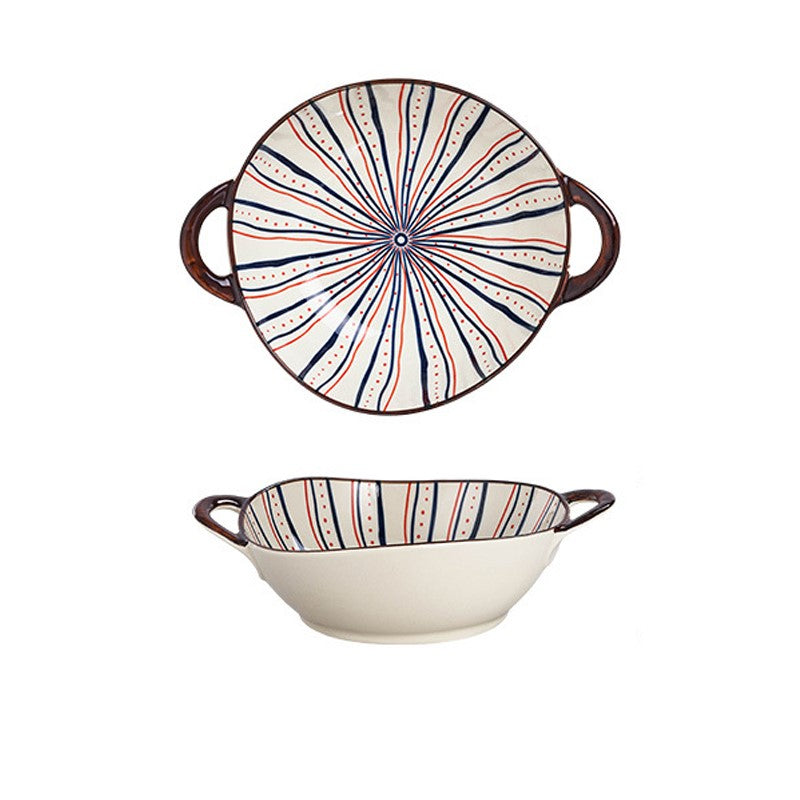 Farmhouse Boho Style Purposefully Irregular Shape Ceramic Pottery Bowl With Handles Taffy Pattern