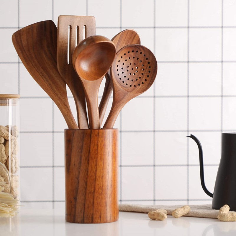 Zulay Kitchen 9-Piece Natural Teak Wooden Utensils for Cooking - Brown