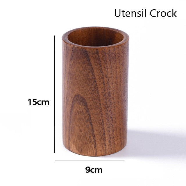 Real Teak Wood Utensil Crock Canister For Holding Kitchen Tools And Cooking Utensils