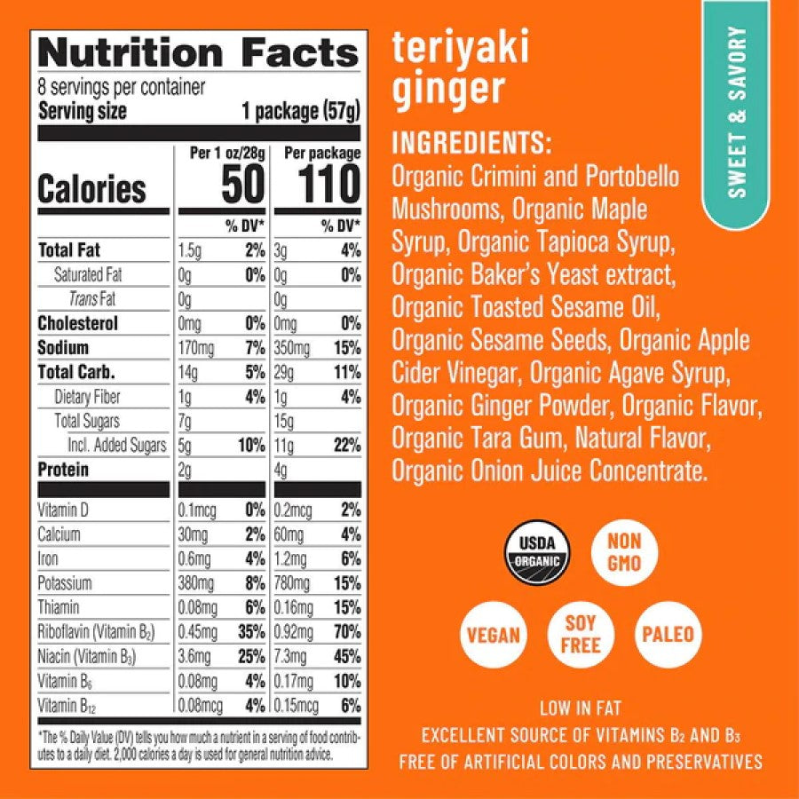 Eat The Change Sweet And Savory Teriyaki Ginger Mushroom Jerky Ingredients Organic Non-GMO Soy Free Paleo Vegan Jerky Low In Fat