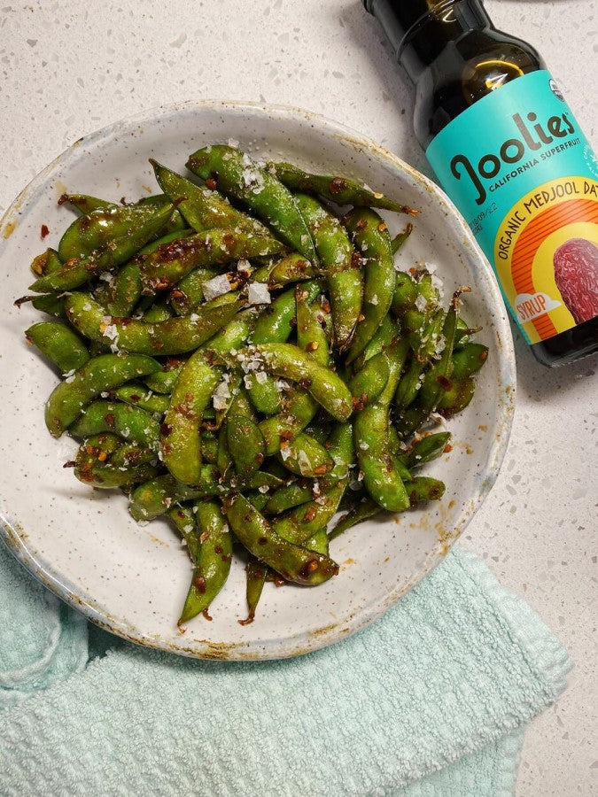 The Best Sweet And Spicy Edamame Plant Based Recipe Using Date Syrup From Joolies California Superfruit