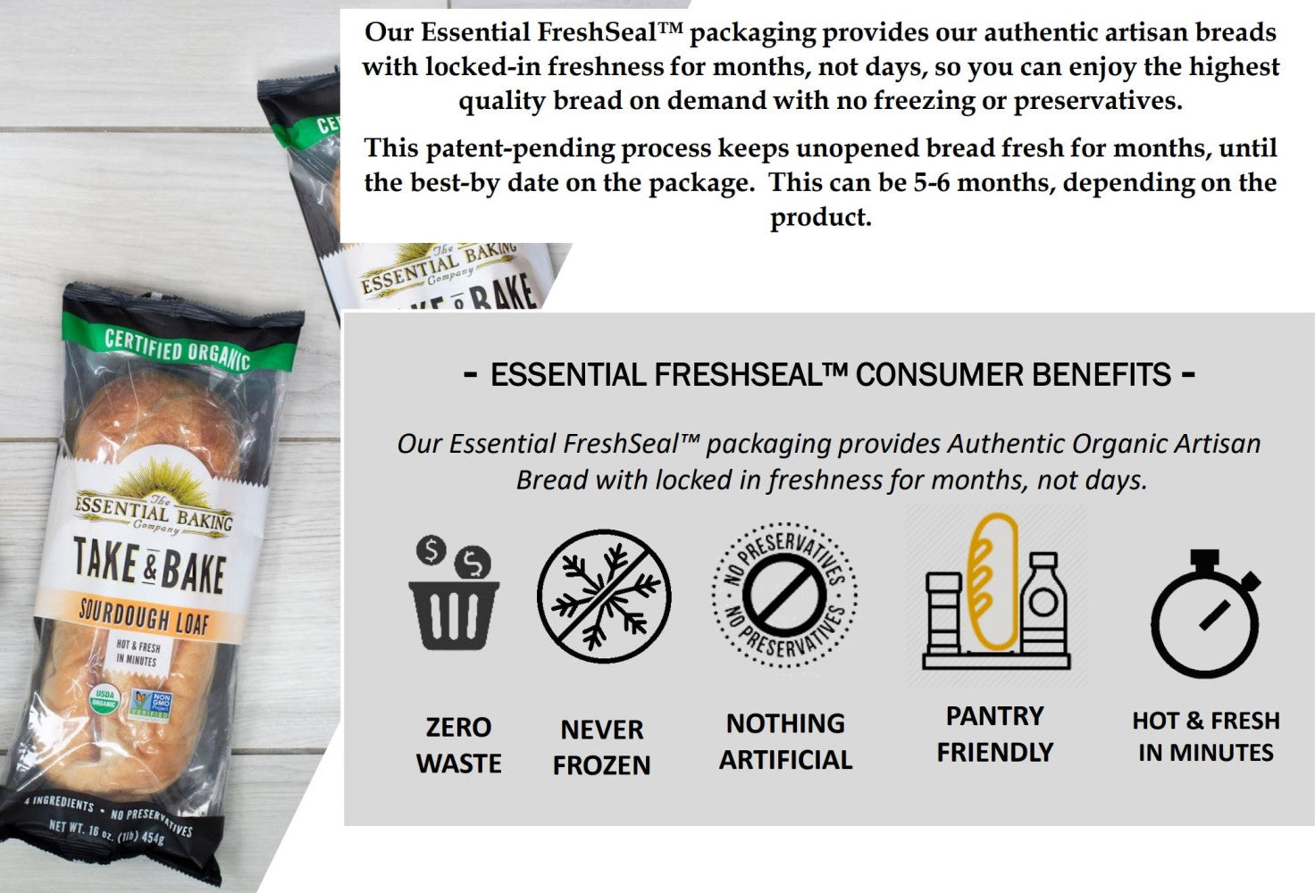 Zero Waste Never Frozen Nothing Artificial Pantry Friendly Hot And Fresh In Minutes Essential Baking Company FreshSeal Packaging