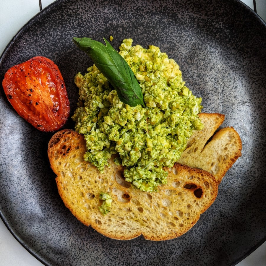 Toasted Bread Slices With Tomato And Fresh Herb Leaf