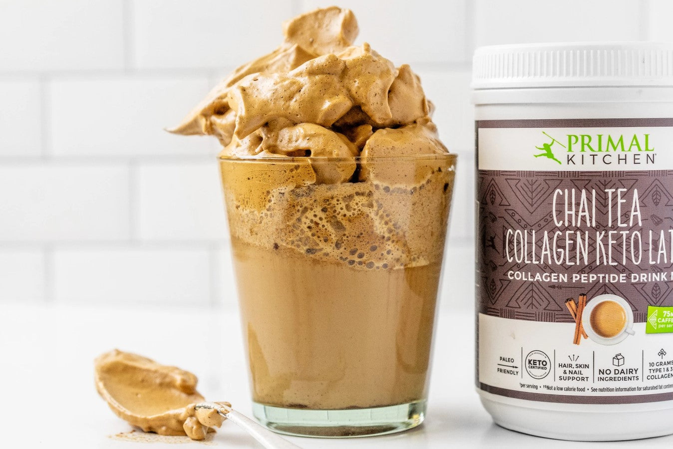 Chai Tea Keto Latte Collagen Peptide Drink Mix With Glass Of Toasted Marshmallow Dalgona Coffee Recipe Primal Kitchen