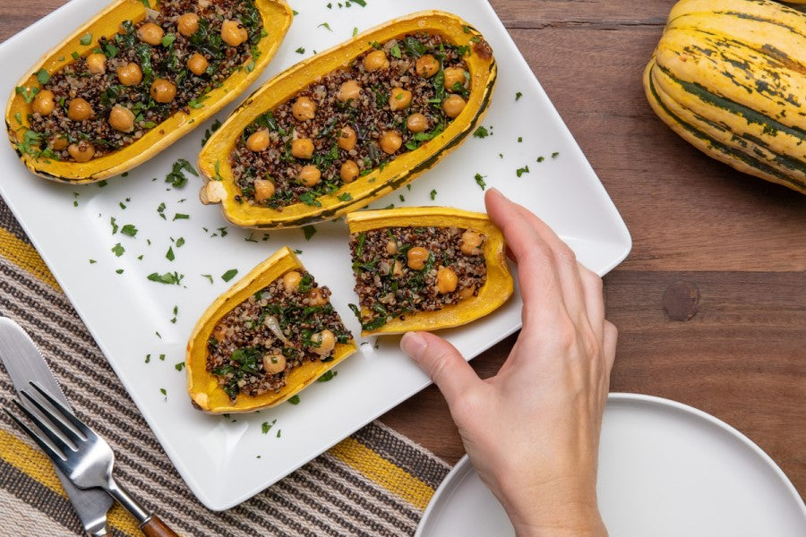 Tri-Color Quinoa Stuffed Squash Lundberg Quinoa Blend Autumn Recipe