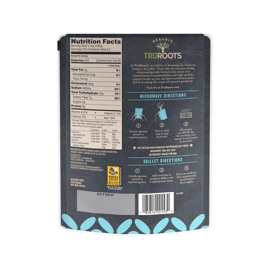 Organic Tru Roots Quick Cook Olive Oil And Sea Salt Flavor Quinoa Brown Rice And Lentil Blend Ingredients And Nutrition Facts Pouch