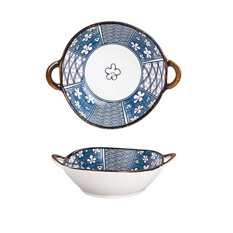 Farmhouse Decorative Bowl Irregular Shaped Ceramic Dish With Handles Oriental Style Ume