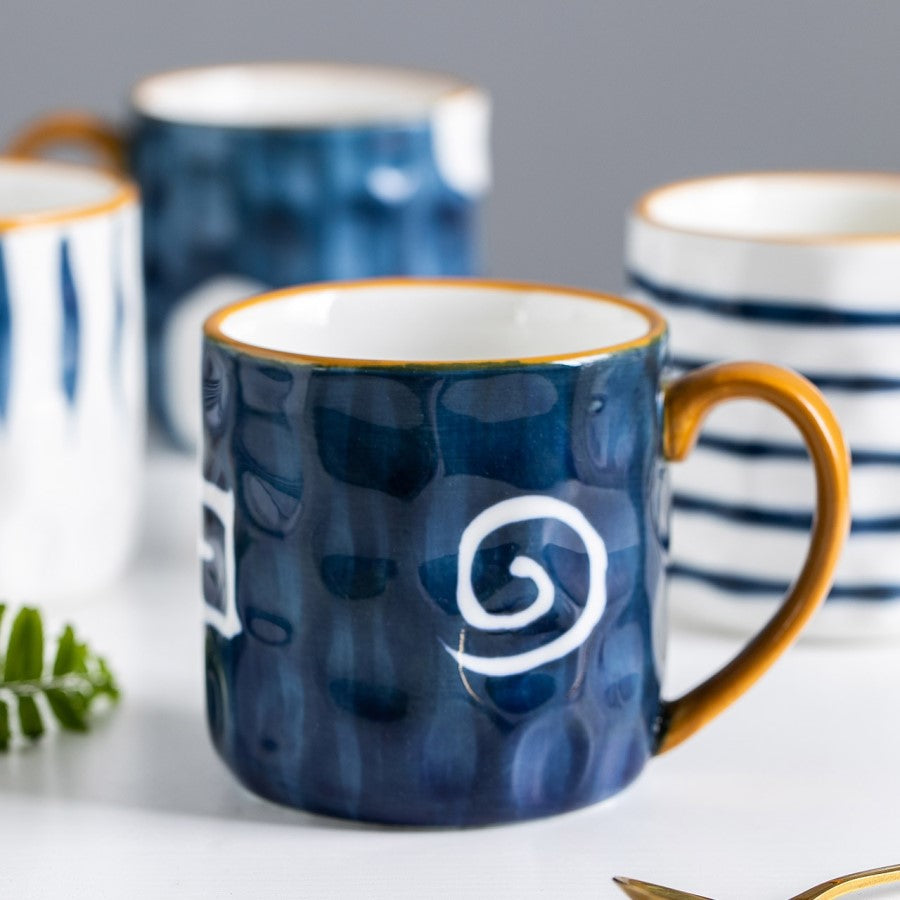Glazed Dimpled Mugs In Nautical Seaside Sailor Patterns