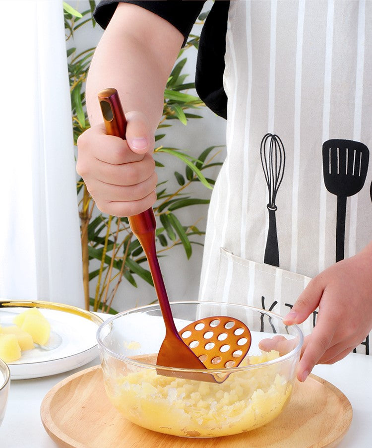 Making Mashed Potatoes With Stainless Steel Potato Masher In Sunset Color Durable Metal
