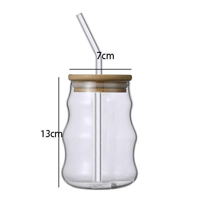 Single Wavy Tumbler Set Size Measurements With Bamboo Wood Lid And Reusable Glass Straw